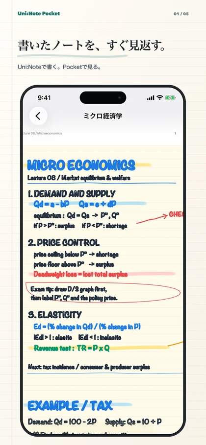 Uni:Noteで書いた手書きノートをiPhoneで閲覧するUni:Note Pocketの画面