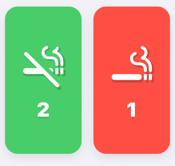 Smokeless logging controls: green Avoided on the left and red Smoked on the right, with today’s counts
