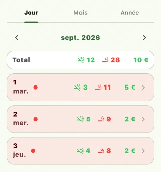 Calendrier Smokeless avec onglets Jour, Mois et Année et totaux quotidiens
