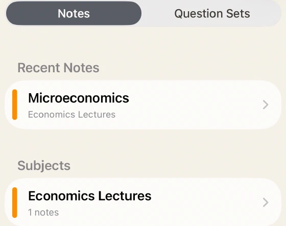 Notes, Question Sets, recent notes and subject list