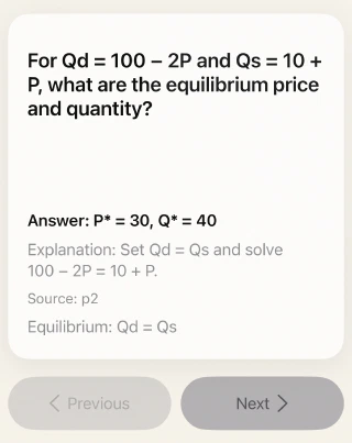 Question card with answer and previous/next controls