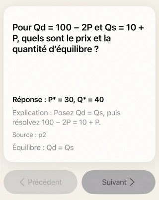 Carte avec question, réponse et boutons précédent/suivant