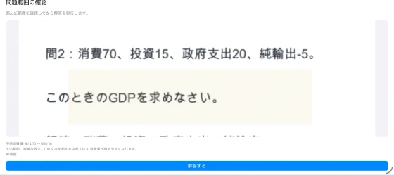 囲んだ問題の内容を解析前に確認する画面