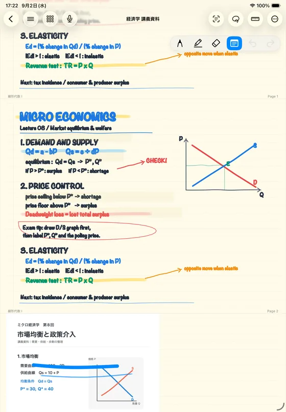 Uni:Noteで手書きの経済学ノートとPDF講義資料を表示しているiPad画面